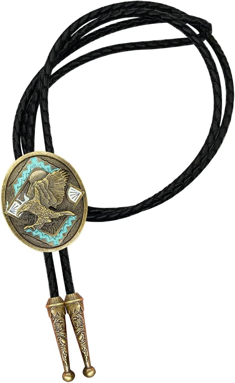 QUKE Native American Western Cowboy 3D Bald Eagle Sunset Bolo Tie Hand-woven Leather Necktie for Men Women - Image 1